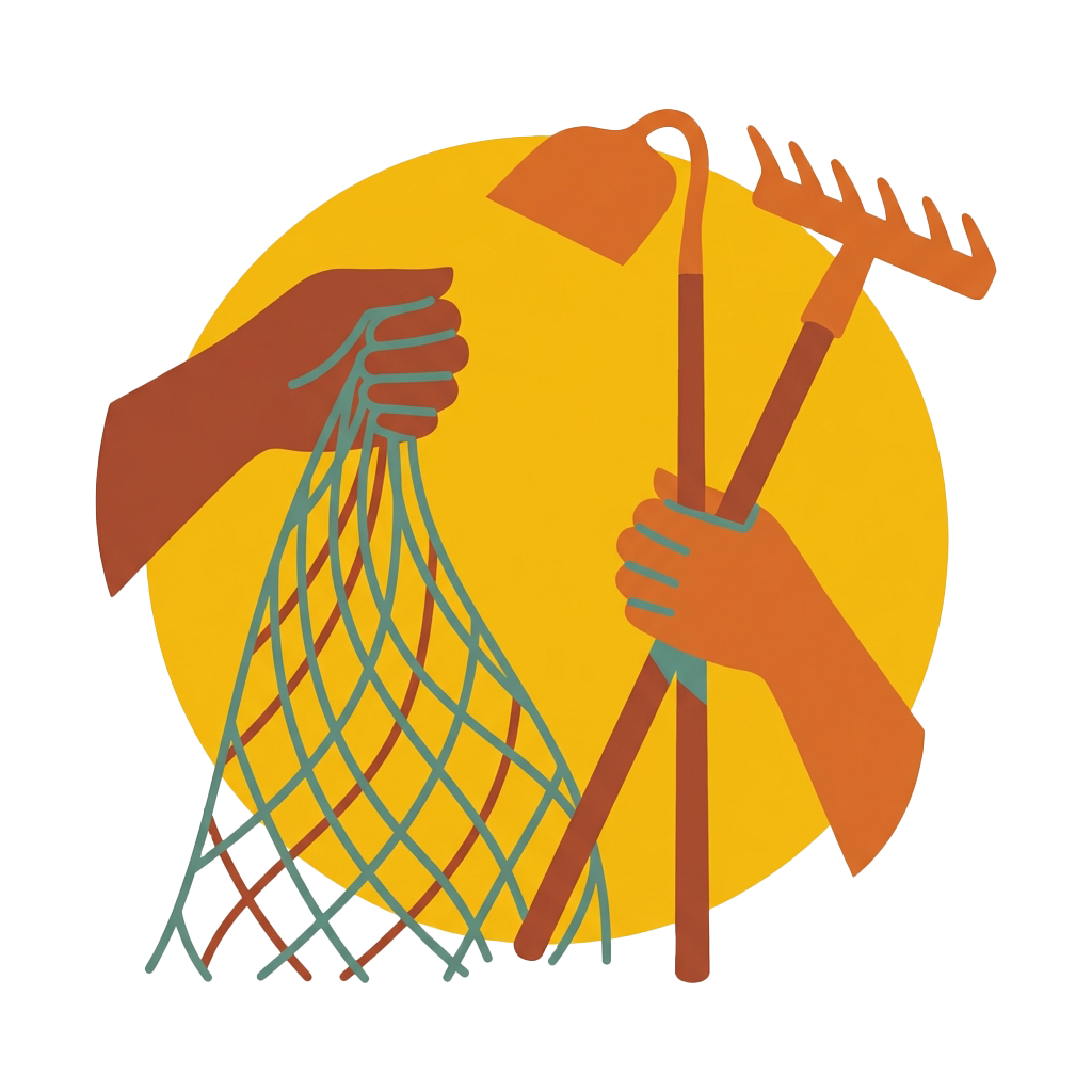 Illustration of harvesting net and fish farming tools.