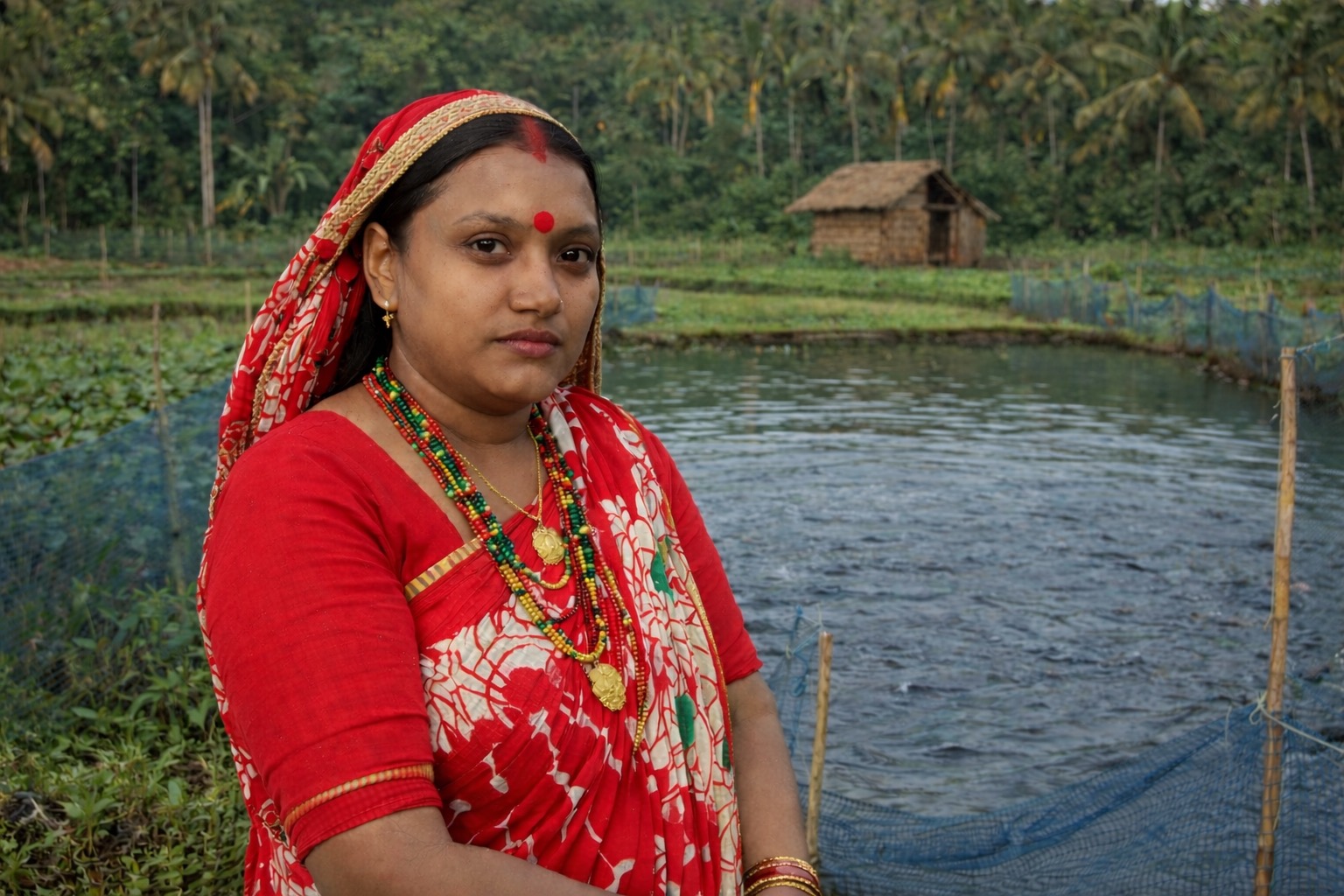 Mandira stands beside a fish pond in Baseri Village, Dhading.